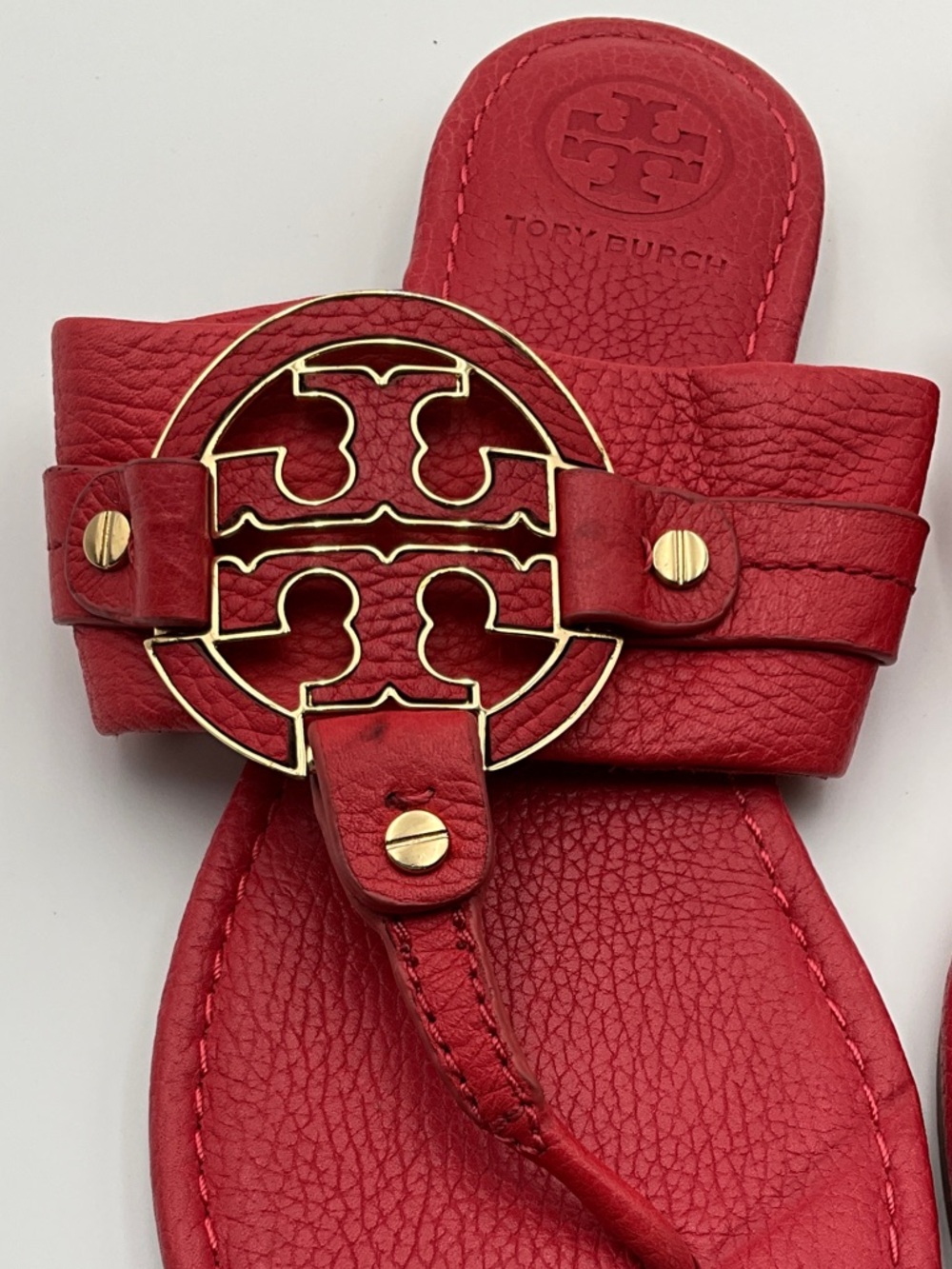 Tory Burch orange Red Leather Miller Sandals with Gold Medallion 8 1/2 W - Picture 6 of 9